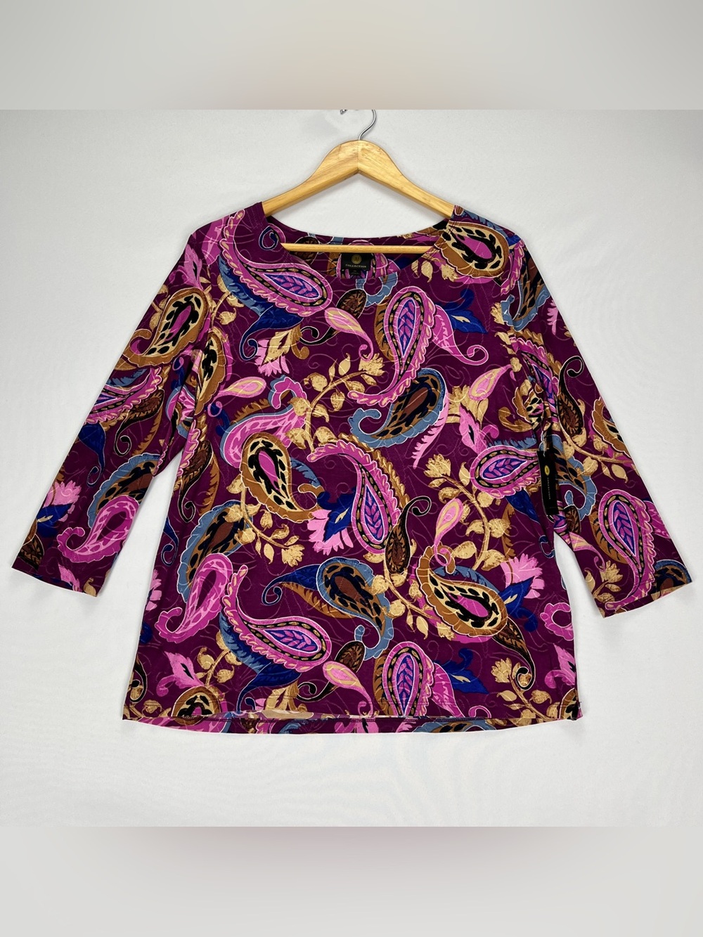 JM Collection 3/4 Sleeve Blouse Womens Plus Size 0X Paisley Purple Crew Neck NWT